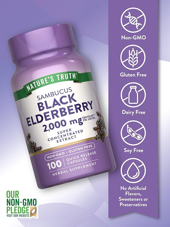 Nature’s Truth Black Elderberry Capsules – 2000mg Sambucus Extract – Super Concentrated Immune Support – Non-GMO, Gluten-Free – 100 Quick Release Capsules