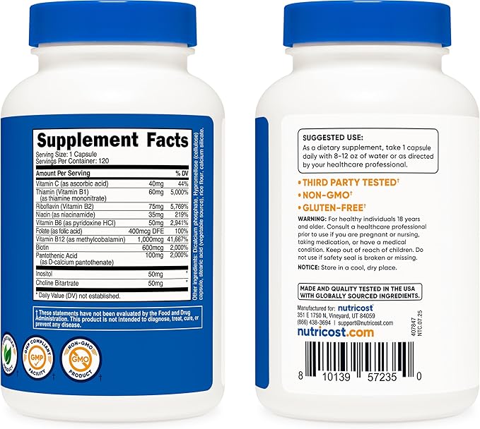 Nutricost High Potency B Complex 462mg with Vitamin C – Energy & Immune Support – 120 Capsules