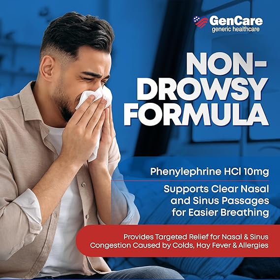 GenCare Nasal Decongestant 10mg – 300 Tablets – Phenylephrine HCl – Non-Drowsy Sinus & Congestion Relief