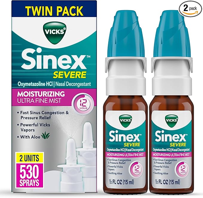 Vicks Sinex Severe Nasal Spray, 2 Pack (265 Sprays Each) – Moisturizing Decongestant with Aloe for Nasal Congestion & Sinus Pressure Relief