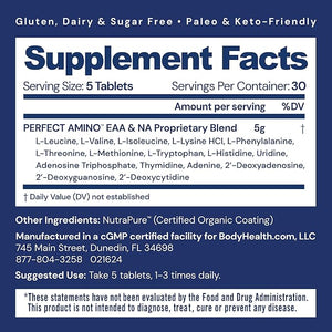 BodyHealth PerfectAmino – Essential Amino Acids Supplement with BCAAs, 150 Easy-to-Swallow Tablets, Vegan Protein for Muscle Recovery