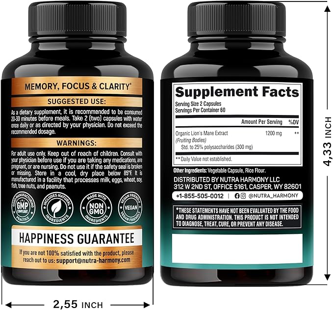 Organic Lion’s Mane Mushroom 1200mg – Fruiting Body, 25% Polysaccharides – Brain, Memory & Focus – 120 Capsules – Made in USA