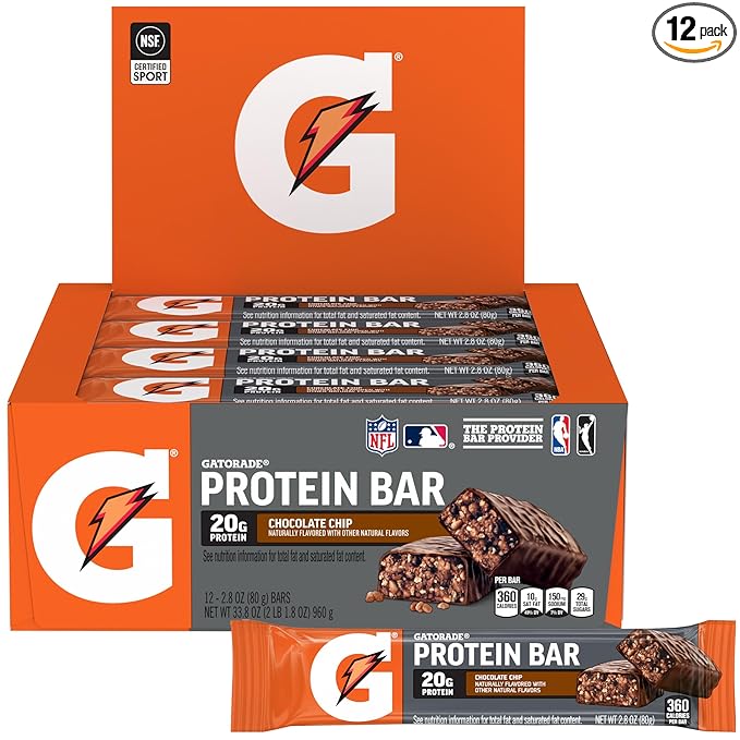 Gatorade Whey Protein Recover Bars – Chocolate Chip, Pack of 12, 2.8 oz Each