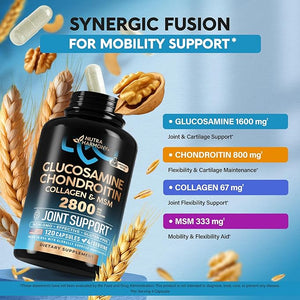 Glucosamine Chondroitin MSM with Collagen – 2800mg Joint Support for Cartilage, Ligaments & Flexibility – FSA/HSA Eligible, Made in USA, Non-GMO, Gluten-Free – 120 Capsules