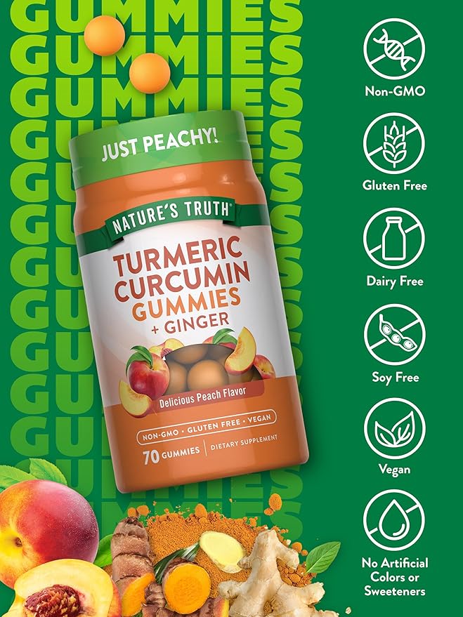 Nature’s Truth Turmeric & Ginger Gummies – 450mg Turmeric + 75mg Ginger per Serving – Vegan, Non-GMO, Gluten-Free – 70 Count Peach Flavor