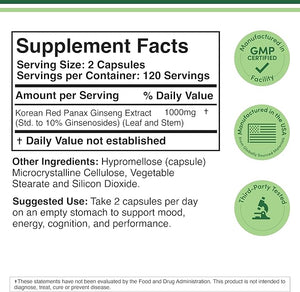 Double Wood Korean Red Panax Ginseng 1000mg – Mood, Cognitive Function & Energy Support – Non-GMO, Gluten-Free, Vegan – 240 Capsules