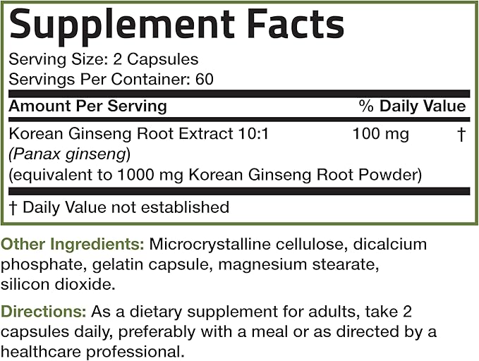 Bronson Korean Panax Ginseng 120 Capsules Supports Energy Endurance Vitality and Memory