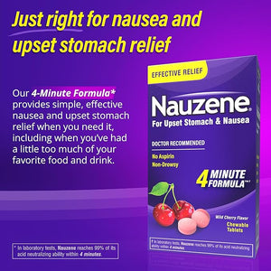 Nauzene Chewable Tablets for Nausea and Upset Stomach Relief – Non-Drowsy, Fast-Acting in 4 Minutes, Wild Cherry Flavor, 42 Count