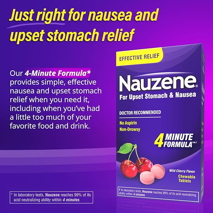 Nauzene Chewable Tablets for Nausea and Upset Stomach Relief – Non-Drowsy, Fast-Acting in 4 Minutes, Wild Cherry Flavor, 42 Count