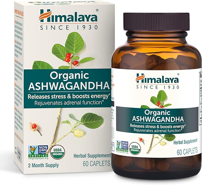 Himalaya Organic Ashwagandha 670mg – Stress Relief, Energy & Mood Support – USDA Organic, Vegan, Non-GMO – 60 Caplets (60-Day Supply)