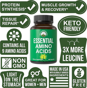 All 9 Essential Amino Acids Supplement – Capsules with 3X More Leucine, USA Tested, Muscle Recovery & Growth Support