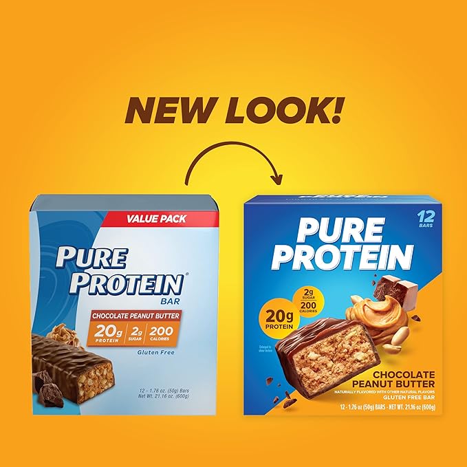 Pure Protein Bars, High Protein, Low Sugar, Gluten Free, Chocolate Peanut Butter, Nutritious Snack, 12 Count