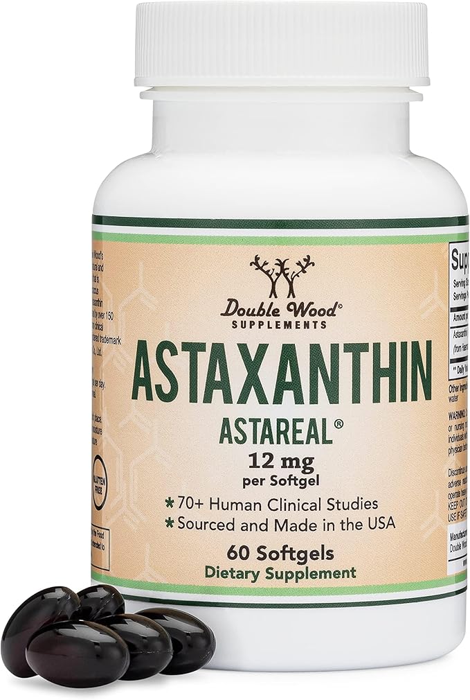Astaxanthin 12mg Max Strength – AstaReal® Patented Antioxidant – Skin, Eye, Heart & Immune Support – Made in USA, Non-GMO, Gluten-Free – 60 Softgels