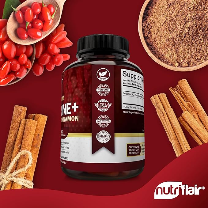 NutriFlair Premium Berberine HCL 1200mg with True Ceylon Cinnamon – Blood Sugar, Heart & Metabolic Support – Vegan, Non-GMO, Gluten-Free – 120 Capsules