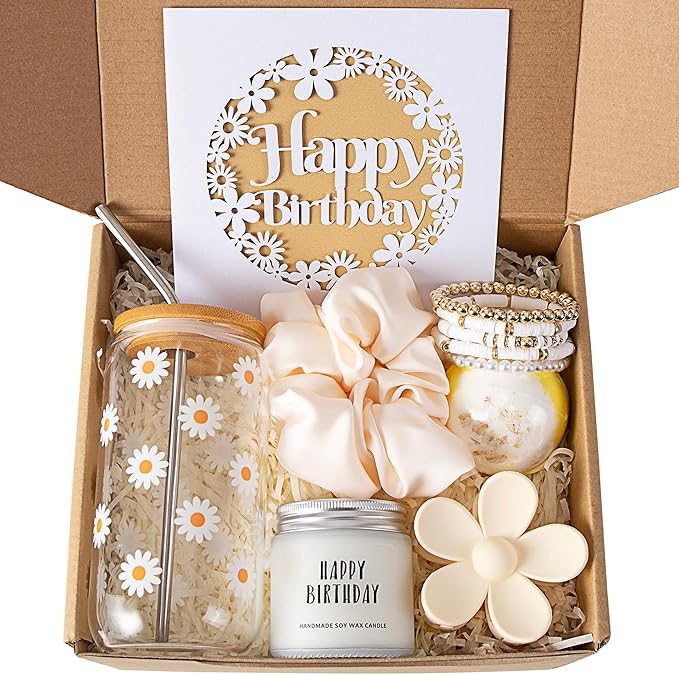 JTEWB Birthday Gift Box for Women, Teen Girl, Daisy Aesthetic Glass Cup Set, Cute Gifts, 7pcs