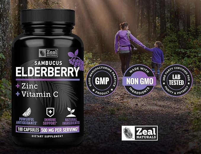 Zeal Naturals Elderberry Capsules with Vitamin C & Zinc – 500mg Sambucus Extract – Max Strength 3-in-1 Immune Support – Non-GMO, Gluten-Free – 100 Capsules