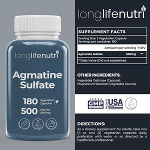 Agmatine Sulfate – 500 mg, 180 Vegetarian Capsules, 6-Month Supply, Made in USA