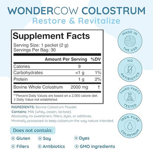 WonderCow Whole Bovine Colostrum Powder – Pure, Unflavored Gut & Immune Support – Natural IgG Superfood, Muscle Recovery & Wellness – Non-GMO, Gluten-Free – 60 Servings
