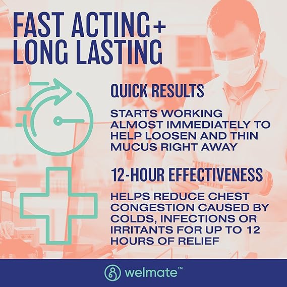 WELMATE Mucus Relief, 100 Tablets – 1200mg Guaifenesin Expectorant – 12-Hour Chest Congestion Relief