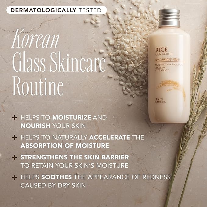 The Face Shop Rice Ceramide Moisturizing Emulsion – Rice Extract & Ceramides – Lightweight, Brightening, Hydrating Face Moisturizer – Non-Greasy, Korean Skin Care – 150ml