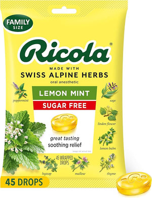 Ricola Sugar Free Lemon Mint Throat Drops 45 Count – Natural Menthol Relief for Dry, Scratchy, and Allergy-Irritated Throats