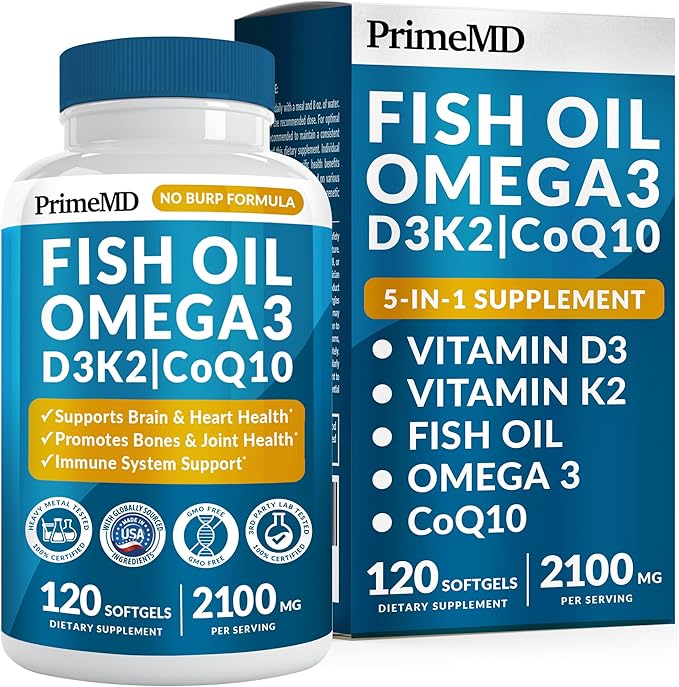 5-in-1 Omega-3 Fish Oil 2100mg – with Vitamin D3, K2 & CoQ10 – Heart, Brain & Immune Support – Lemon Flavored, Non-GMO, Gluten-Free – 120 Softgels