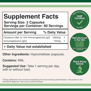 Double Wood Colostrum Supplement – 1000mg Bovine Colostrum from First Milking – 15% IgG Immune & Gut Support – Non-GMO, Gluten-Free – 120 Capsules (2-Month Supply)