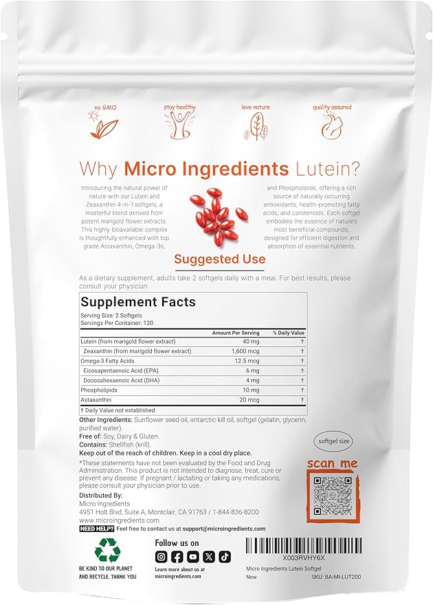 Micro Ingredients Lutein 40mg with Zeaxanthin, Astaxanthin & Omega-3 – Eye Health Complex – Non-GMO, Gluten-Free – 240 Softgels (Value Size)