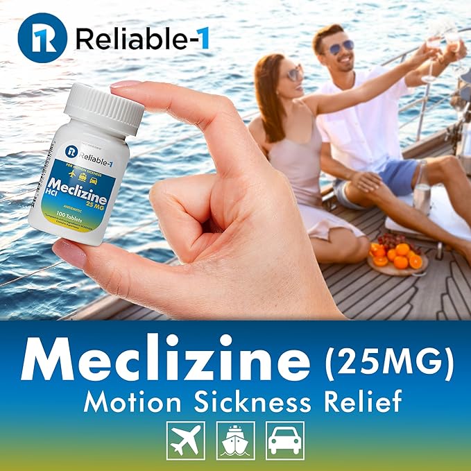 Reliable-1 Laboratories Meclizine HCL 25mg – Motion Sickness & Nausea Relief Tablets, Chewable, Raspberry Flavor, Vertigo & Dizziness Aid – 100 Count