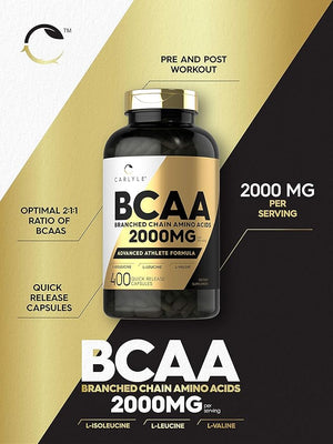 Carlyle BCAA Capsules – 2000mg, 400 Powder Pills, Amino Acids Blend with L-Isoleucine, L-Leucine & L-Valine, Non-GMO, Gluten-Free
