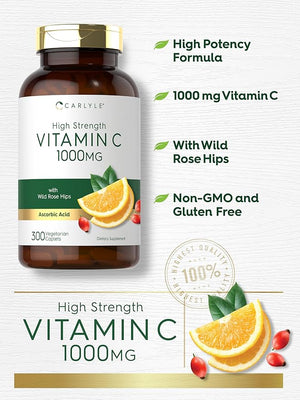 Carlyle Vitamin C 1000mg – High Strength, Immune & Antioxidant Support – Rose Hips – 300 Vegetarian Caplets – Non-GMO, Gluten Free