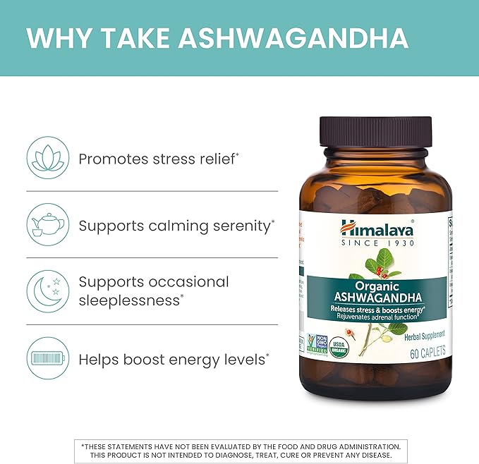 Himalaya Organic Ashwagandha 670mg – Stress Relief, Energy & Mood Support – USDA Organic, Vegan, Non-GMO – 60 Caplets (60-Day Supply)