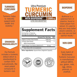 Turmeric Curcumin 1500mg with BioPerine® – 95% Curcuminoids, Organic Turmeric & Black Pepper – High Absorption Joint, Immune & Antioxidant Support – Vegan, Non-GMO – 90 Capsules