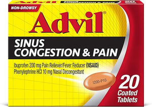 Advil Sinus Congestion & Pain Relief – 20 Tablets – Ibuprofen & Phenylephrine for Sinus Pressure, Aches & Fever
