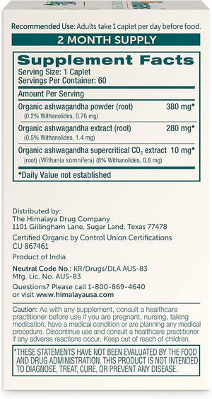 Himalaya Organic Ashwagandha 670mg – Stress Relief, Energy & Mood Support – USDA Organic, Vegan, Non-GMO – 60 Caplets (60-Day Supply)
