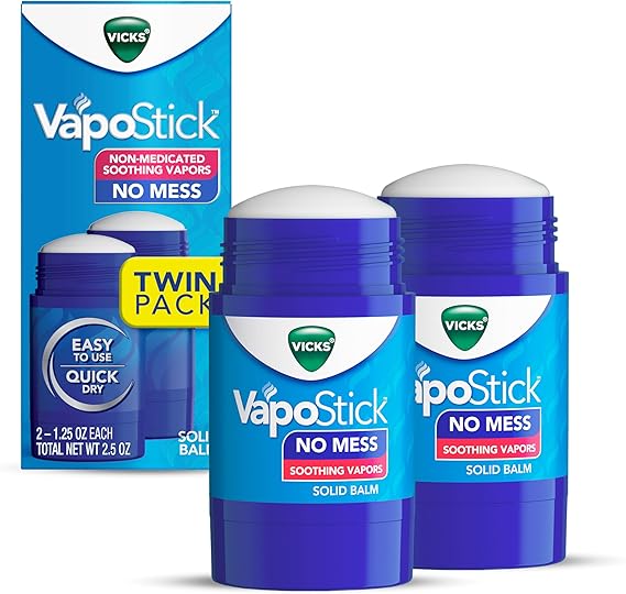 Vicks VapoStick Solid Balm, 2 Pack – No-Mess Vapor Stick with Menthol, Eucalyptus & Camphor – Quick-Drying & Soothing