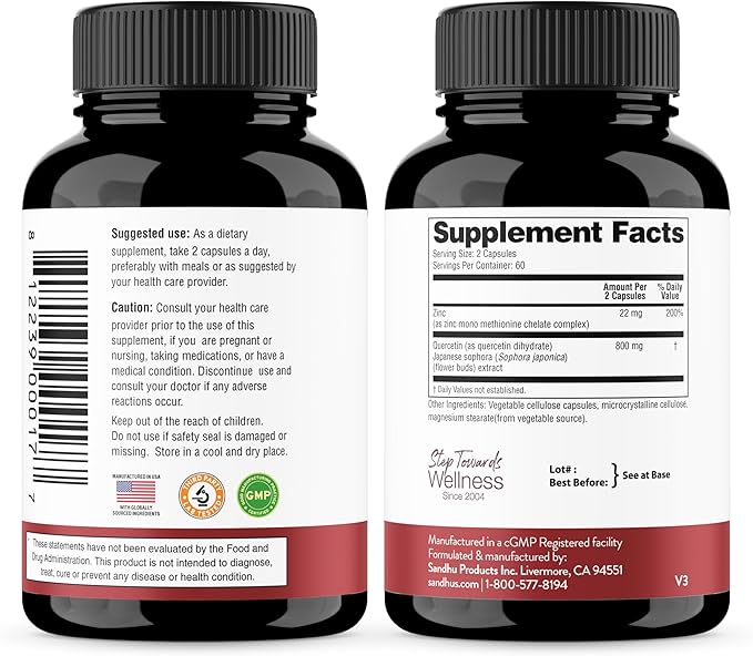 Sandhu’s Zinc Quercetin – Immune & Antioxidant Support – 120 Vegetarian Capsules – Gluten, Soy & Dairy Free
