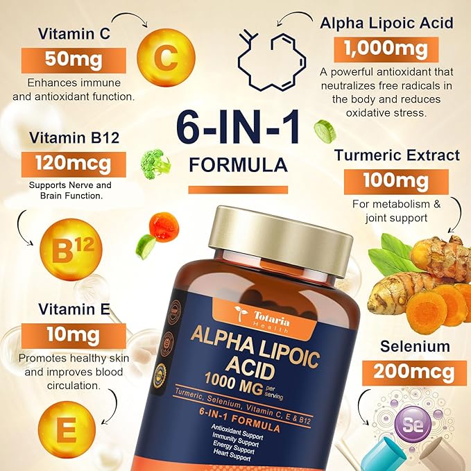 Totaria Alpha Lipoic Acid 1000mg – Extra Strength Antioxidant for Nerve Health, Liver Detox, Metabolism & Anti-Aging – Non-GMO, Gluten-Free, Vegan – 120 Capsules