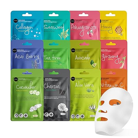 Celavi Korean Sheet Mask Set – 12-Pack Essence Facial Sheet Masks for Hydrating, Moisturizing, Brightening & Soothing – K-Beauty Variety Skincare Gift