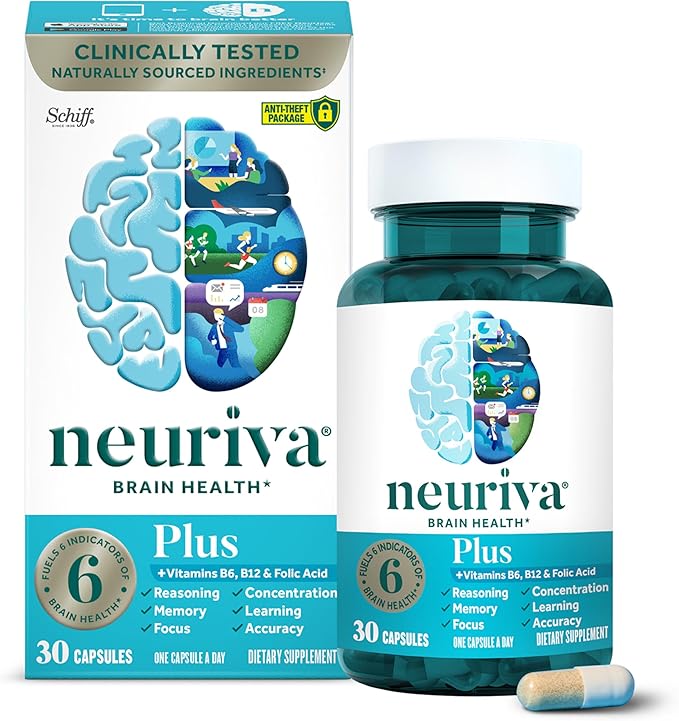 NEURIVA Plus Brain Supplement – Memory, Focus & Cognitive Support – Neurofactor™, Phosphatidylserine, B6 & B12 – Decaffeinated – 30 Capsules