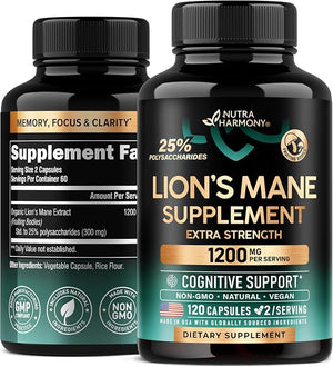 Organic Lion’s Mane Mushroom 1200mg – Fruiting Body, 25% Polysaccharides – Brain, Memory & Focus – 120 Capsules – Made in USA