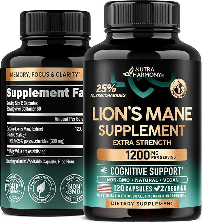 Organic Lion’s Mane Mushroom 1200mg – Fruiting Body, 25% Polysaccharides – Brain, Memory & Focus – 120 Capsules – Made in USA