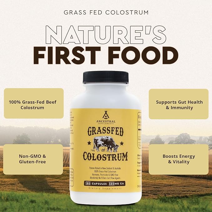 Ancestral Supplements Grass-Fed Beef Colostrum – 3000mg First-Milking Immune & Gut Support – Non-GMO, Hormone-Free – 180 Capsules