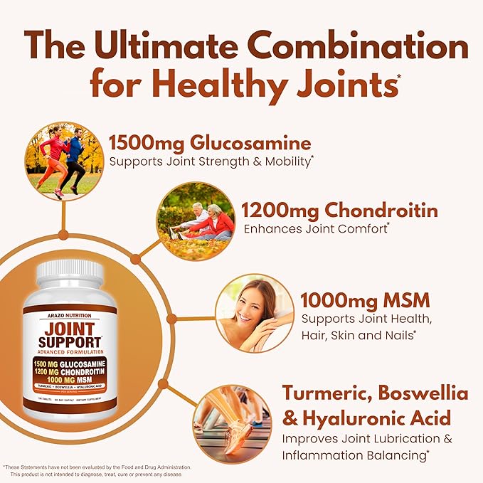 Arazo Nutrition Glucosamine Chondroitin with Turmeric, MSM, Boswellia & Hyaluronic Acid – Extra Strength Joint Support – Non-GMO, Gluten-Free – 180 Tablets