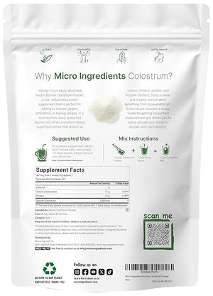 Micro Ingredients Bovine Colostrum Powder – Grass-Fed, Freeze-Dried, IgG & IgA Immune & Gut Support – Non-GMO, Gluten-Free, Unflavored – 8 oz (227 Servings)