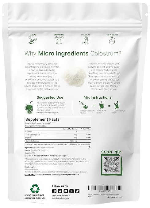 Micro Ingredients Bovine Colostrum Powder – Grass-Fed, Freeze-Dried, IgG & IgA Immune & Gut Support – Non-GMO, Gluten-Free, Unflavored – 8 oz (227 Servings)