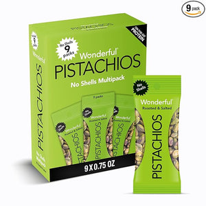 Wonderful Pistachios No Shells – Roasted & Salted, Gluten-Free Protein Snacks, 0.75 oz Bags, Pack of 9