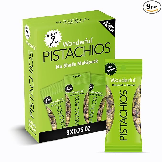 Wonderful Pistachios No Shells – Roasted & Salted, Gluten-Free Protein Snacks, 0.75 oz Bags, Pack of 9