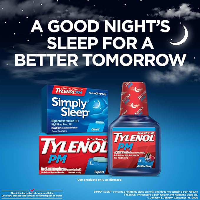 Tylenol Simply Sleep Nighttime Sleep Aid Caplets 100 Count – 25 mg Diphenhydramine HCl Non-Habit Forming Sleep Support for Adults