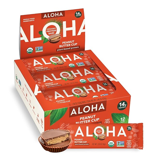 ALOHA Organic Plant Based Protein Bars – Peanut Butter Cup, Vegan, Low Sugar, Gluten-Free, 12 Bars